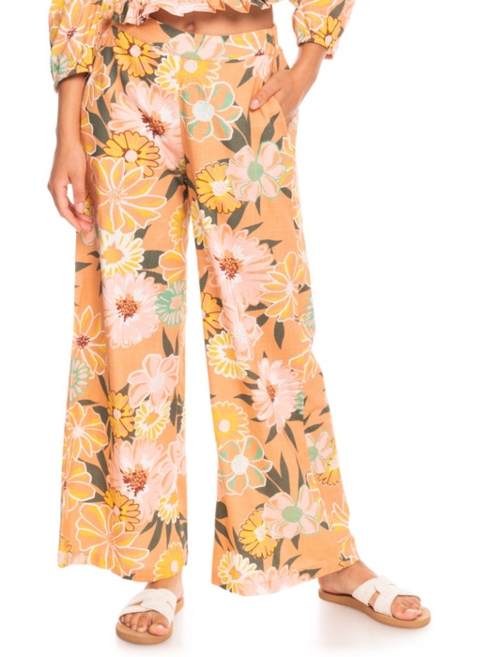 Roxy Wide Leg Floral Pants in Peach, Pink & Green NWT